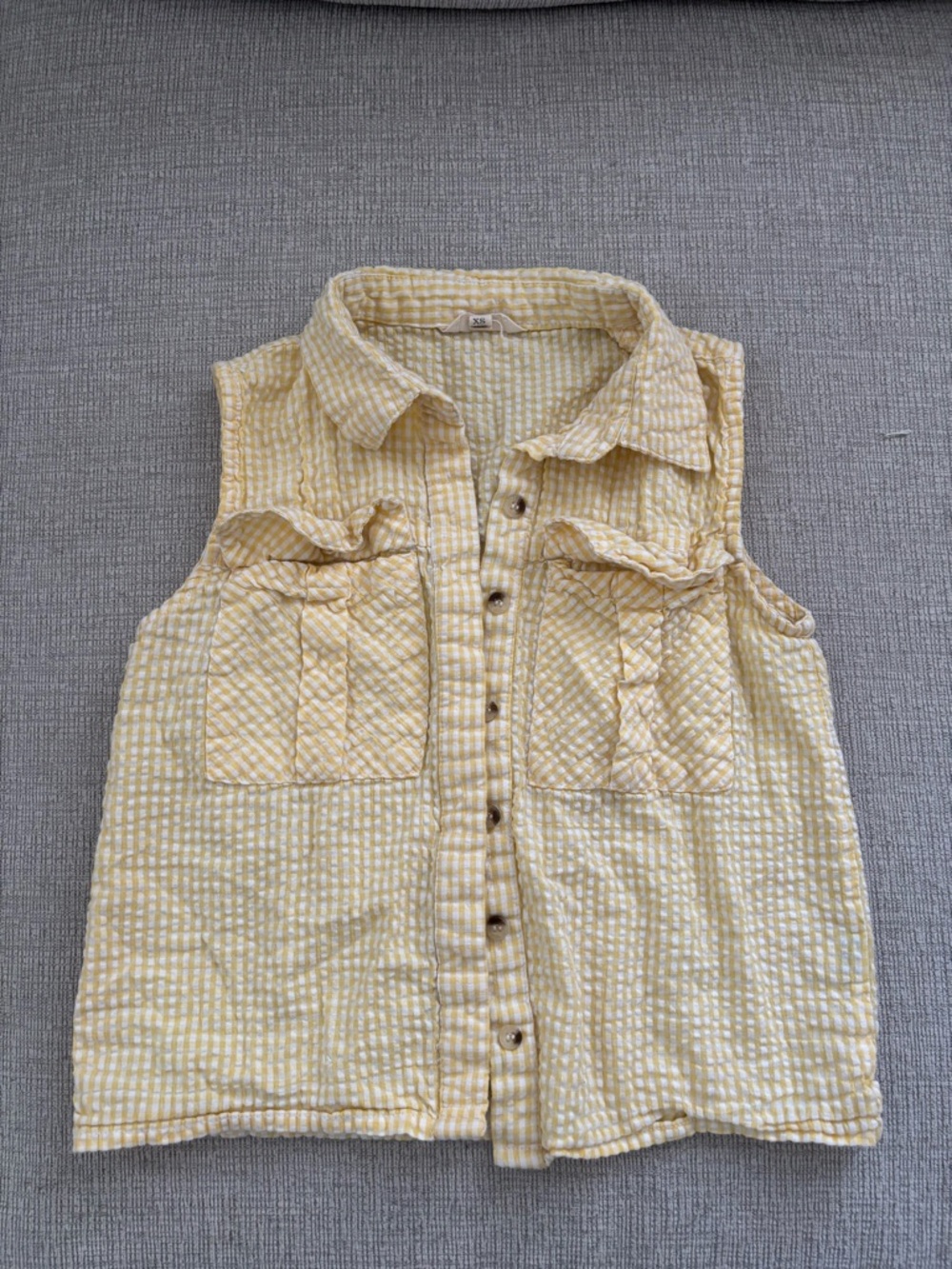 Sleeveless Yellow Gingham Button-Up Shirt